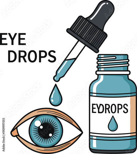 Eye drops medication and ophthalmic treatment vector with dropper bottle, vision care solution, eye health therapy, and medical ophthalmology illustration