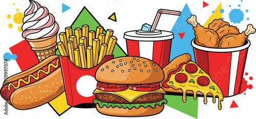 Fast food combo flat vector illustration with burger, fries, pizza, fried chicken, soda and dessert colorful restaurant menu design