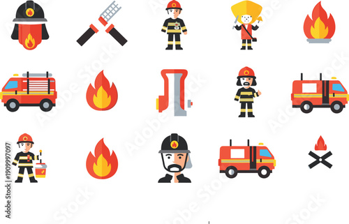 Firefighter and fire emergency flat line icon set with fire truck, rescue team, flame hazard and firefighting equipment vector illustration