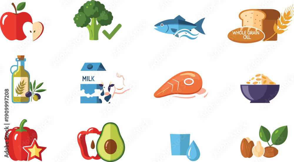 Obraz premium Healthy food nutrition flat vector icon set with fruits, vegetables, fish, dairy and whole grain products illustration