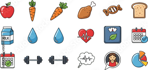 Healthy lifestyle and nutrition flat line icon set with diet food, fitness tracking and wellness monitoring vector illustration