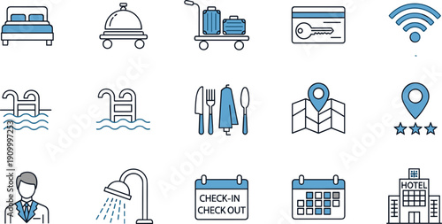 Hotel services and hospitality flat line icon set with accommodation, check in, amenities and travel lodging vector illustration