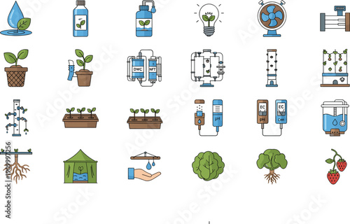 Hydroponic farming and smart agriculture flat line icon set with irrigation, plant growth, water systems and eco cultivation vector illustration
