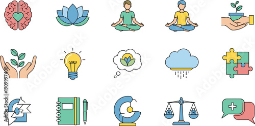 Mental health and mindfulness flat line icon set with meditation, balance, therapy, brain care and emotional wellbeing vector illustration