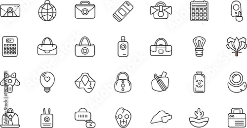Minimal everyday objects line icon set with tools, accessories, gadgets, stationery and household essentials vector illustration