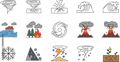 Natural disaster and extreme weather flat line icon set with tornado, earthquake, volcano and flood hazard vector illustration