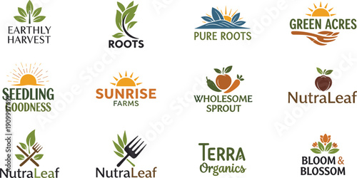 Organic farm and agriculture logo collection with leaf, sunrise, roots and natural food branding vector illustration