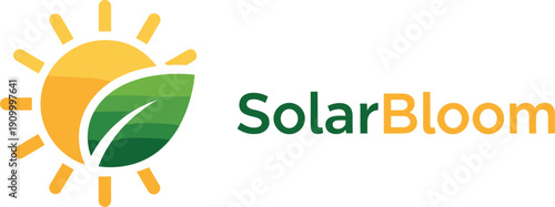 Solar energy logo design with sun and green leaf concept for renewable power, eco business branding vector illustration
