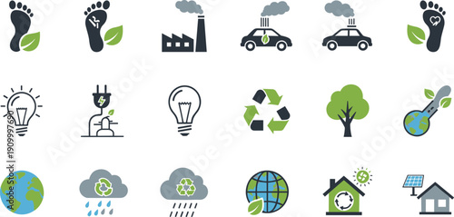 Sustainability and eco lifestyle flat line icon set with recycling, green energy, electric car and environmental conservation vector illustration