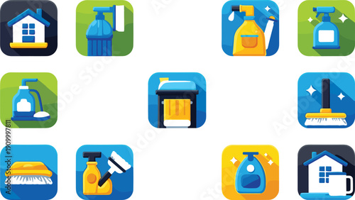 Cleaning service and housekeeping icon set with sanitation tools, spray bottles, mop, brush, detergent, home hygiene, and professional janitorial vector illustration