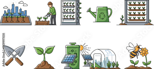 Urban gardening and sustainable agriculture flat vector icon set with hydroponics, composting and eco farming illustration
