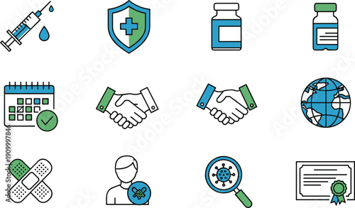Vaccination and healthcare protection icon set with syringe injection, immunity shield, medical certificate, global immunization, patient care, and safety approval vector illustration