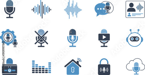 Voice recognition and audio technology flat line icon set with microphone, soundwave, speech AI and recording vector illustration