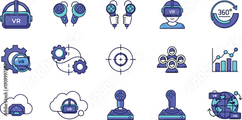 Virtual reality gaming and simulation technology icon set with VR headset, controllers, 360 experience, immersive devices, cloud gaming, and digital interaction vector illustration
