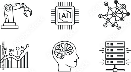 Artificial intelligence technology icon set line vector illustration AI chip neural network robotics automation data analytics machine learning concepts