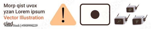 Online safety, surveillance systems, security alerts, warning messages, monitoring equipment, and risk assessment. A warning triangle, camera icons and alert visuals. Online safety and surveillance