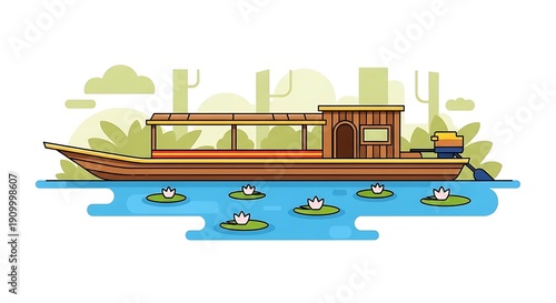 Traditional Wooden River Boat Sailing on Calm Waters with Water Lilies in a Flat Design Style