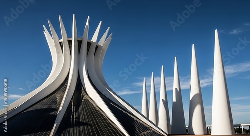 Modern Architecture Cathedral of Brasilia with Tall Conical Pillars Under Blue Sky