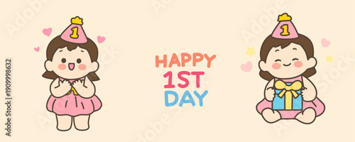 Happy 1st Birthday Girl Illustration Set