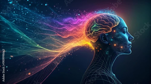 Artificial intelligence glowing brain with colorful digital neural network waves expressing creativity and futuristic human intelligence power