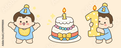 Baby Boy First Birthday Cake and Number One Illustration