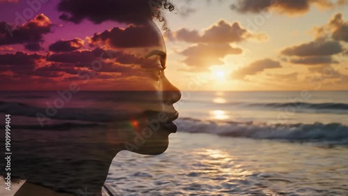 Double exposure portrait of a woman against a vibrant sunset ocean backdrop.