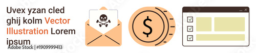 Cybersecurity awareness, financial security, productivity tools, data protection, online threats, task organization. Visual with a skull mark envelope, dollar sign coin, and checklist interface