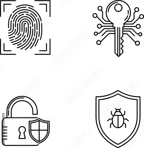 Digital security icons fingerprint key lock shield malware protection cyber safety concepts vector