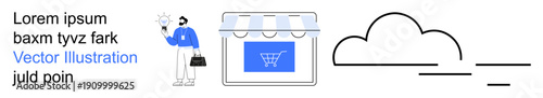 Online shopping, cloud storage, digital solutions, retail management, marketing strategies, modern business. A storefront and cloud icons with a person holding tech. E-commerce and cloud storage