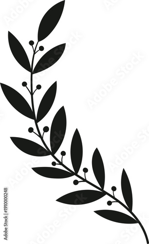 Minimal soft black laurel branch decorative element for logo, frame and kids decor