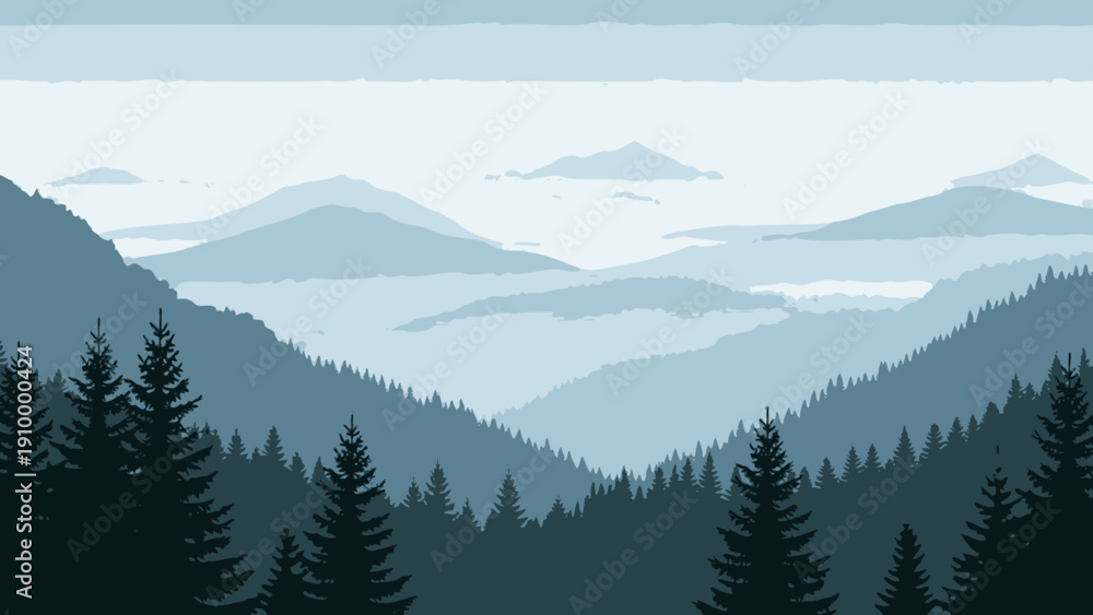 Fototapeta premium Evergreen Trees in Mountain Landscape Scene.