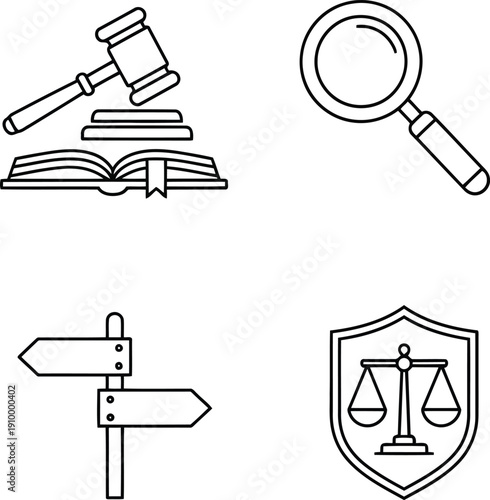 Legal justice court law justice scales gavel book magnifying glass signpost shield icons vector