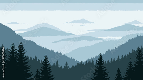 Evergreen Trees in Mountain Landscape Scene.
