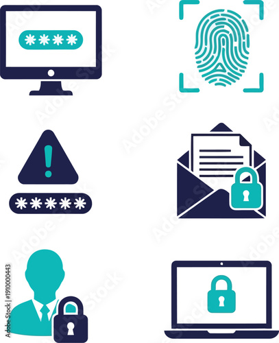 Digital security icons set cyber protection data privacy access control authentication system elements vector