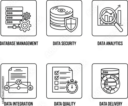 Data science icons set big data analytics database management security quality integration delivery concepts vector