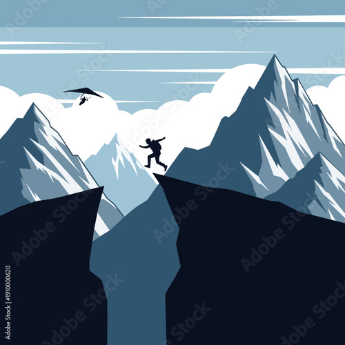 Man jumping cliff, hang glider soaring above snowy mountains, adventure concept