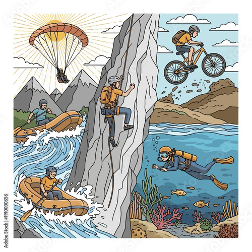 Outdoor Adventure Collage: Paragliding, Rafting, Climbing, Biking, Scuba Diving