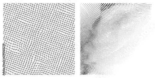 Geometric halftone designs using dot density gradients, vector art, graphic texture, visual rhythm, composition, digital illustration, minimalist aesthetic.