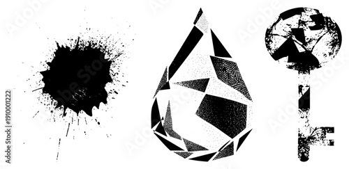 Bold ink splatter graphic, stylized water droplet with halftone, distressed key all vector elements for design projects. Also known as ink blot, stylized droplet, grunge key.