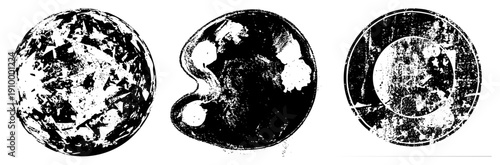 Distressed circular stencils with fragmented textures, grunge art elements, abstract design, vector graphics, stencil cutouts, urban decay motifs.