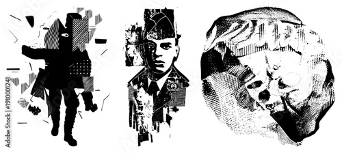 Silhouetted soldiers rendered in halftone, military uniform, graphic design, stencil art, wartime, bold contrast, vector illustration.