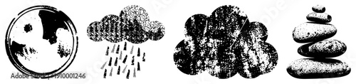 Abstract vector symbols representing balance, weather, nature, and mindfulness yin yang, rain cloud, cloud, zen stone stack, set, graphic design elements.