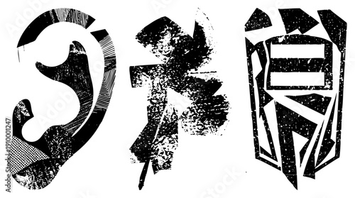 Stylized black and white graphic symbols with distressed textures, including ear, star, and kanji character, rendered in halftone and stipple effects for artistic impact.