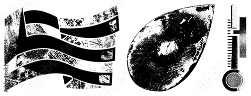 Black and white halftone graphic of waving flag, teardrop shaped water droplet, and thermometer. Vector art with textured, isolated elements, style.