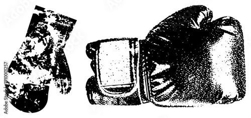 Classic boxing gloves rendered in halftone dot, distressed ink style, vintage athletic gear, martial equipment, retro sports.