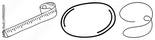 Sketch style measuring tape with markings, coffee bean, flowing curved minimalist vector for design, fashion, or measurement themes.