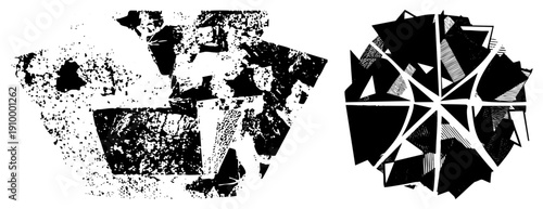 Bold black and white vector with halftone textures, ideal for graphic design. Also called shattered geometry or fractured vector motifs.