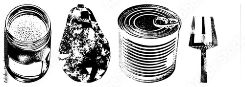 Halftone illustrated jar, pear, can, and fork, classic food storage and dining tools, retro graphic design, black and white vector art.