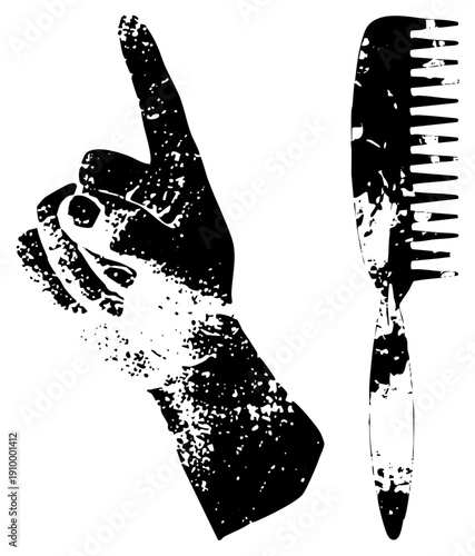 Black and white vector illustration of hand pointing index finger, hairbrush beside, distressed texture, graphic design element, isolated, cutout symbol, rgba compatible.