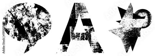 Distressed vector glyphs featuring speech bubble, capital letter A, and star with circular element, all rendered in gritty halftone style with intentional noise and wear.